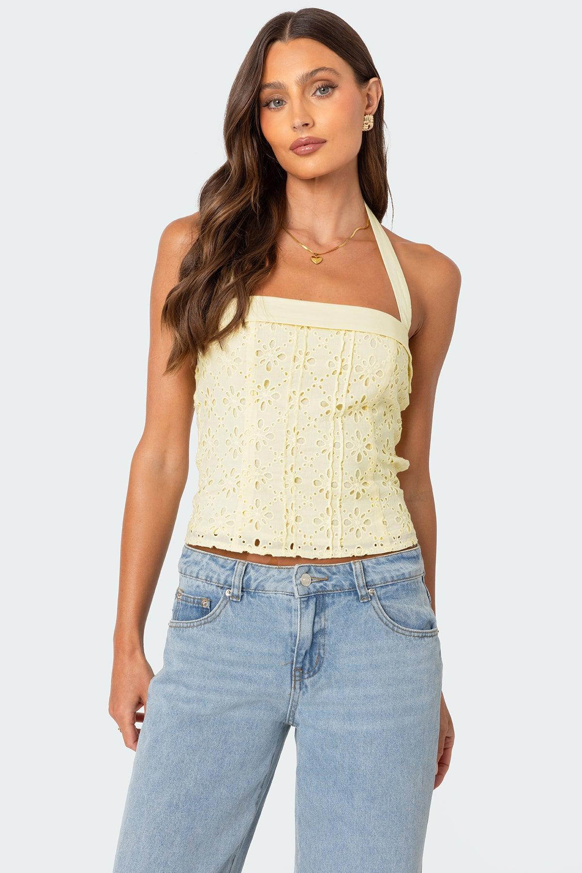 Side Button Eyelet Halter Top Product Image