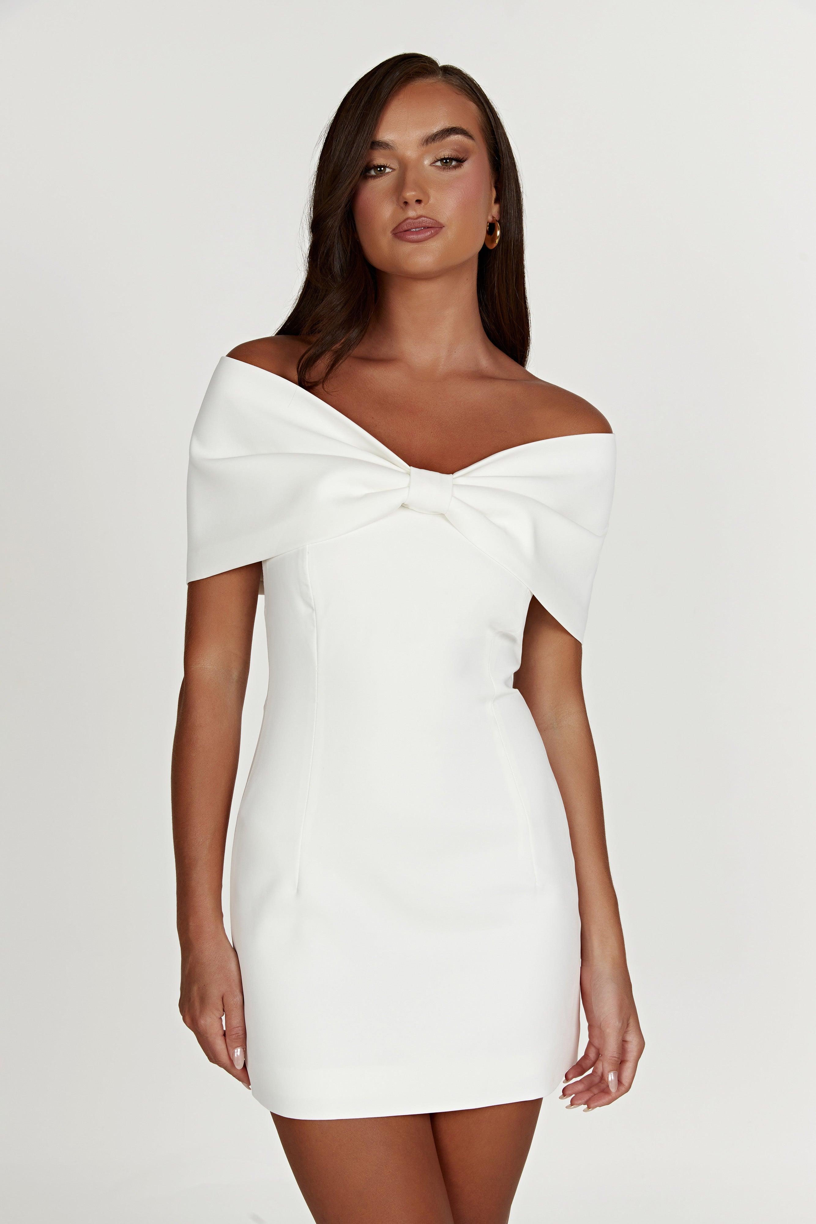 Gwyneth Off Shoulder Bow Mini Dress - White Product Image