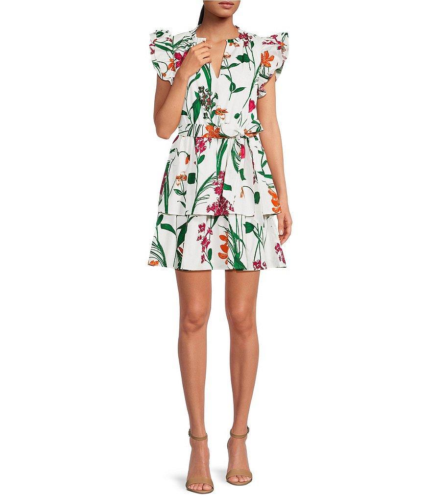 Sugarlips Garden Floral V-Neck Cap Sleeve Tie Waist Ruffle Mini A-line Dress Product Image