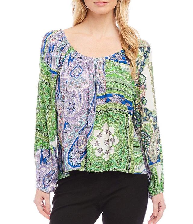 Karen Kane Petite Size Paisley Woven Scoop Neck Long Blouson Sleeve Top Product Image