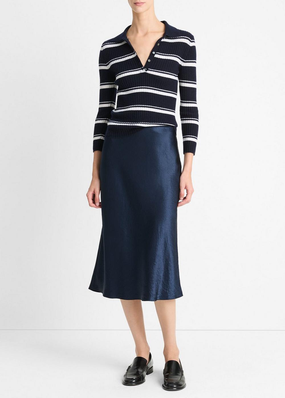 Womens Striped Cashmere-Blend Polo Sweater, Coastal Blue/off White, Size L Vince Product Image