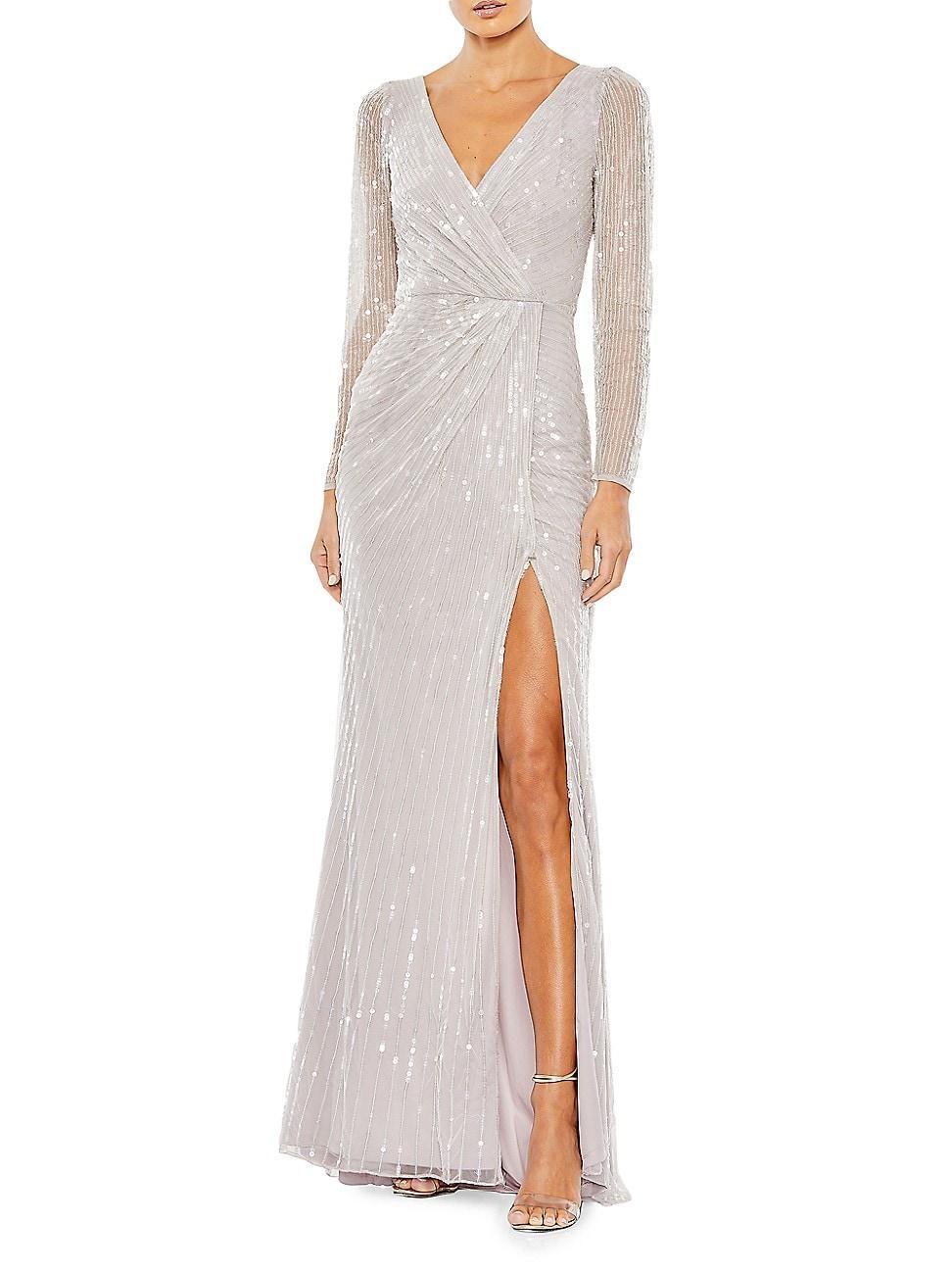 Womens Sequin Surplice Long-Sleeve Gown Product Image