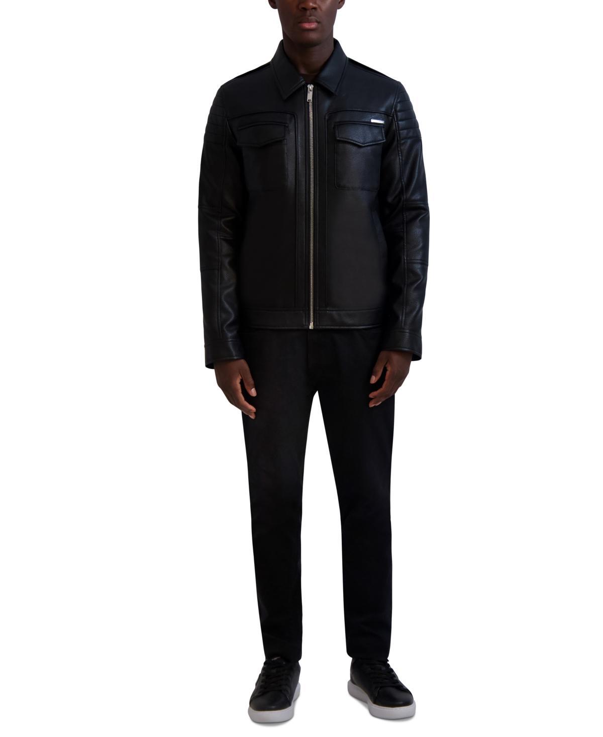 Karl Lagerfeld Mens Faux-Leather Full-Zip Trucker Jacket Product Image