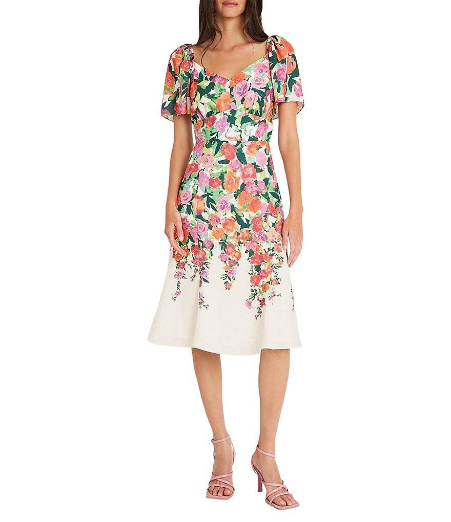 Maggy London Floral Sweetheart Neck Short Flutter Sleeve Midi Dress Product Image