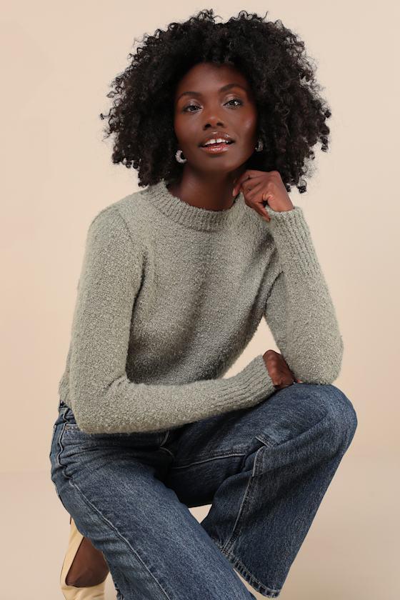 Enviably Cozy Sage Green Boucle Knit Crew Neck Pullover Sweater Product Image