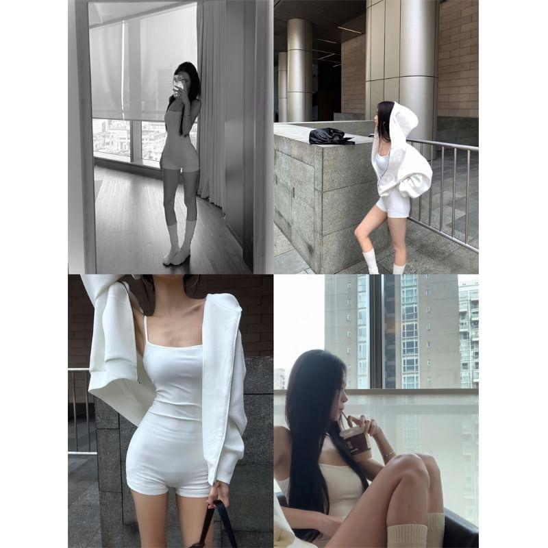 Plain Zip-Up Hoodie / Spaghetti Strap Scoop Neck Romper Product Image