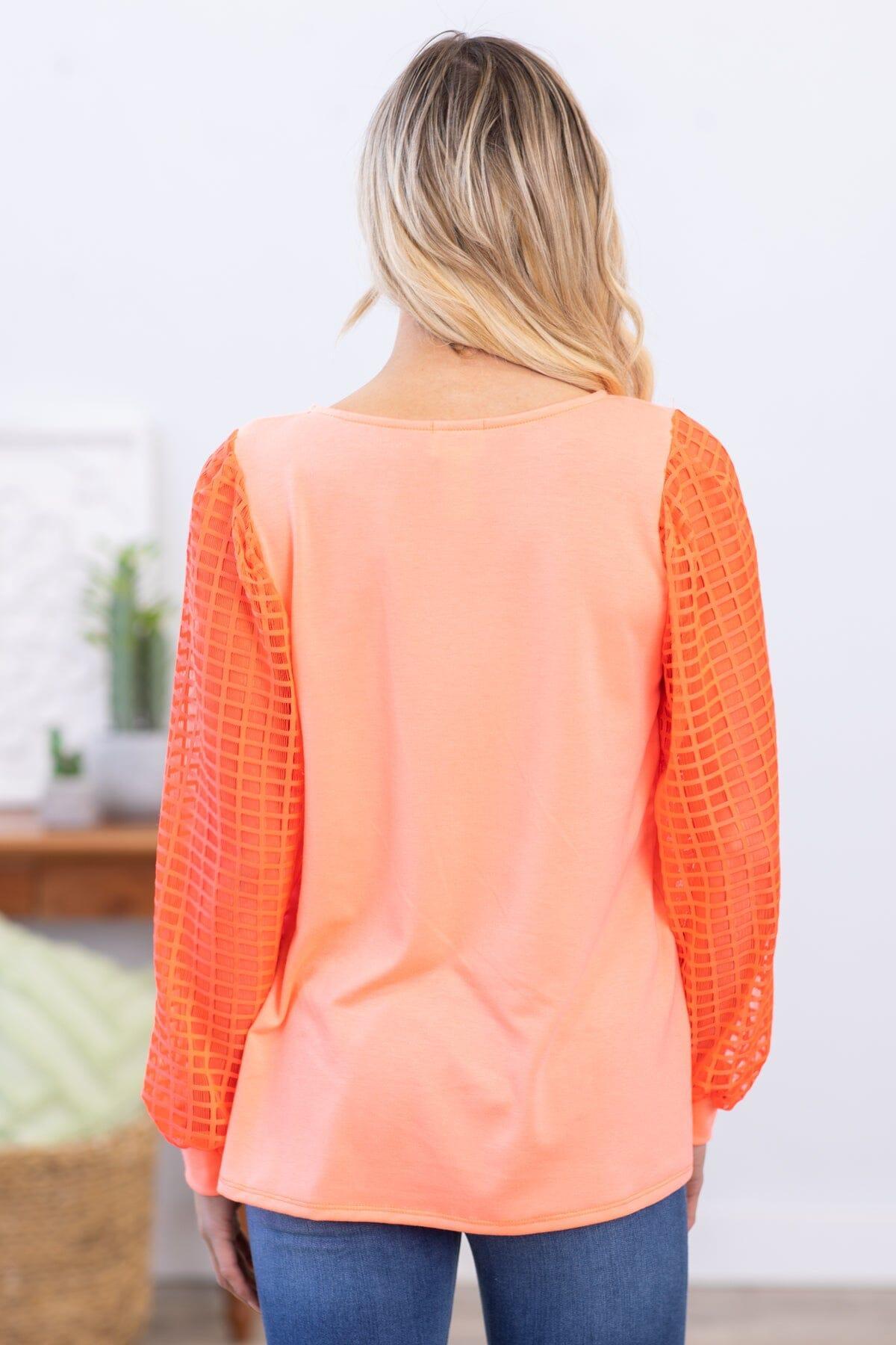 Neon Coral Textured Ballon Sleeve Top Product Image