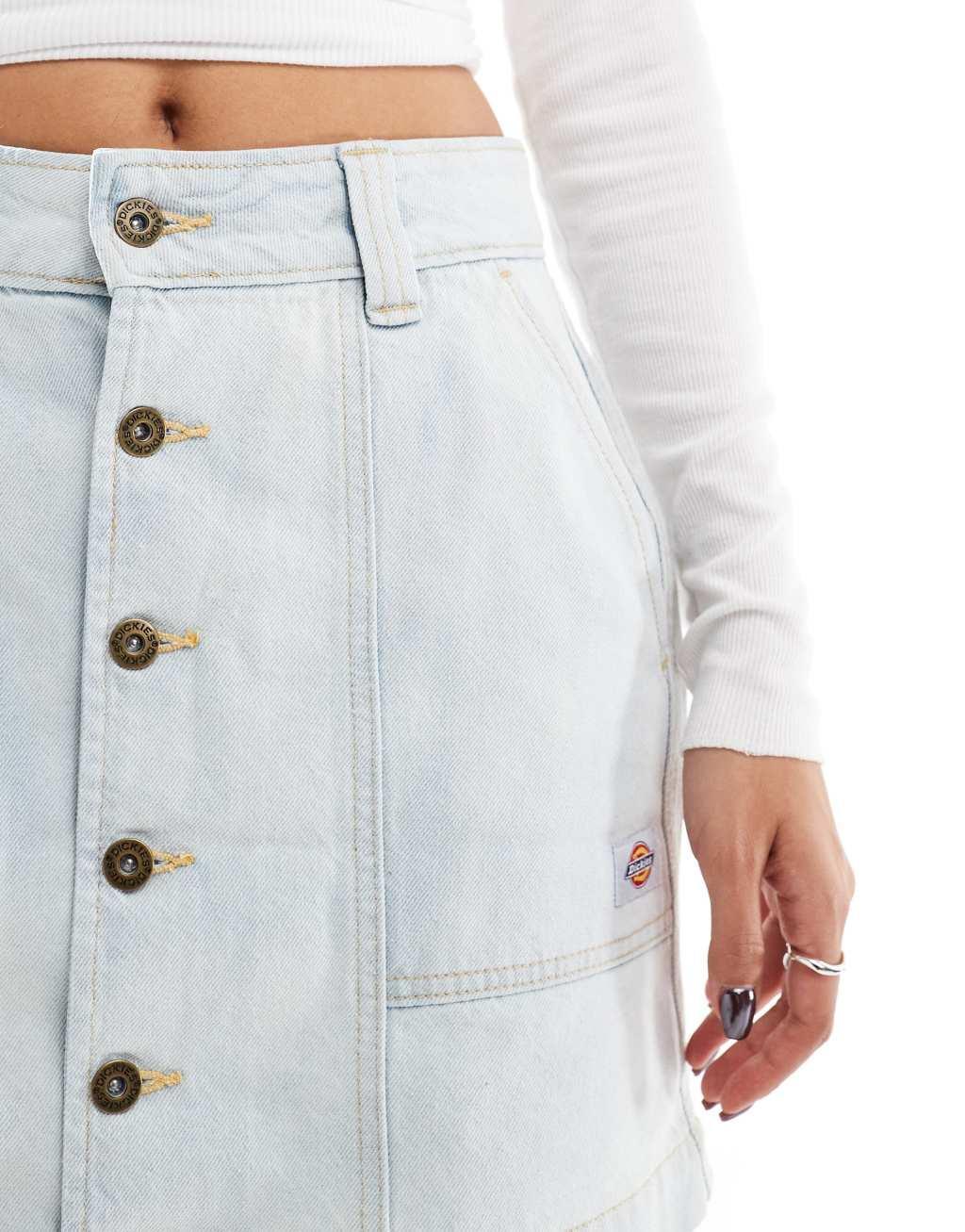 Dickies Madison button up denim mini skirt in light blue Product Image