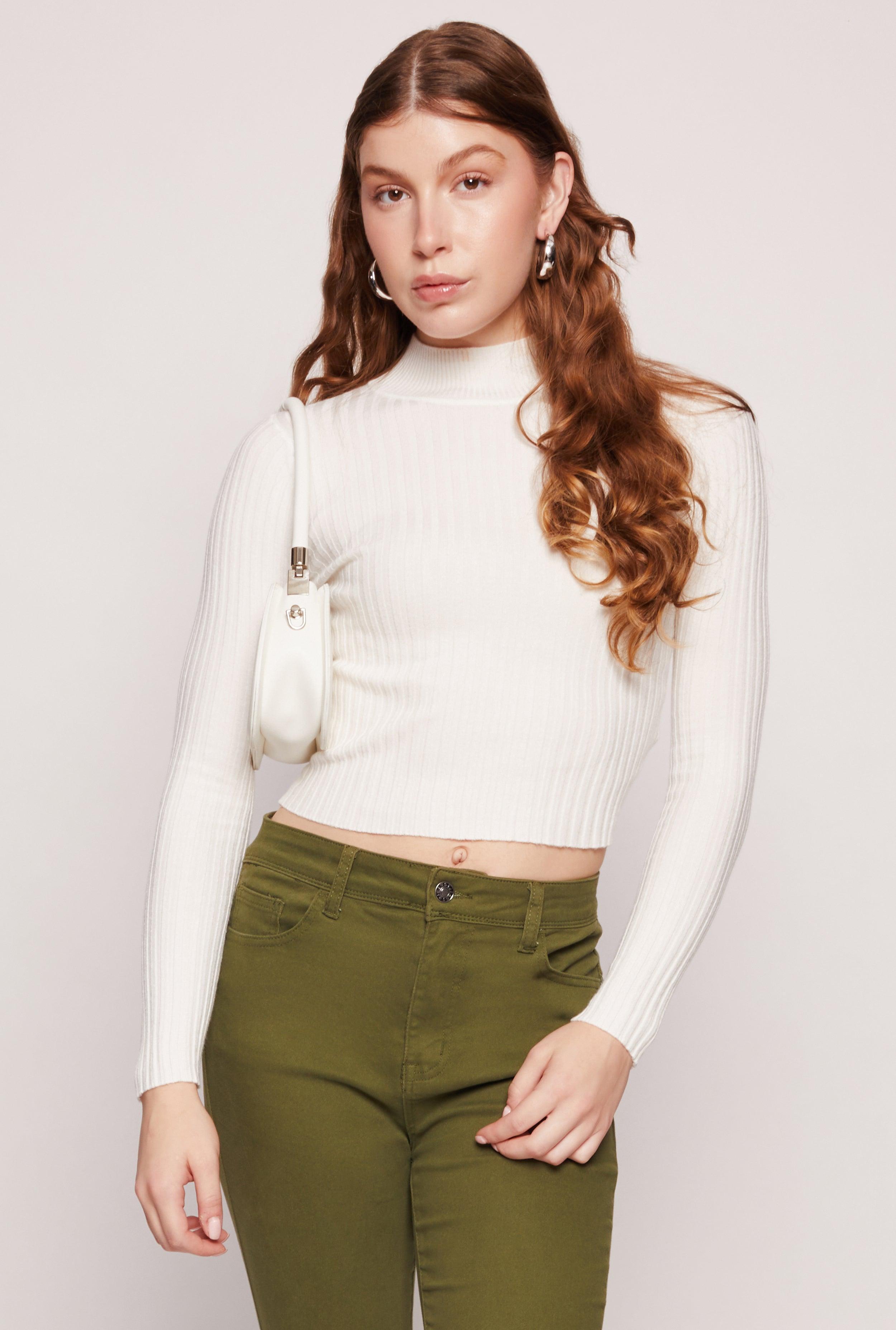 Womens Ribbed Knit Mock Neck Cropped Sweater Product Image