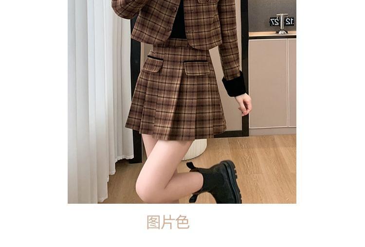 Set: Plaid Button-Up Crop Jacket + Mini Pleated Skirt Product Image