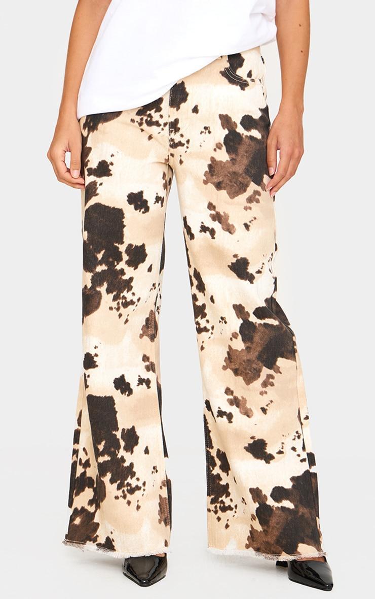 Brown Cow Print Denim Wide Leg Jean Product Image