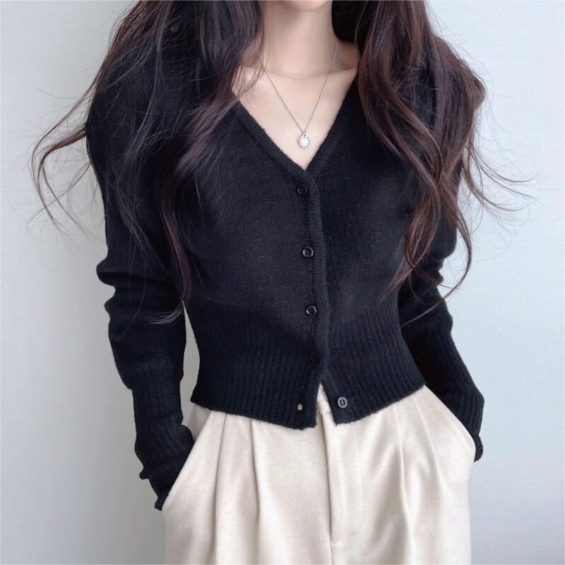 V-Neck Button-Up Plain Crop Cardigan Product Image