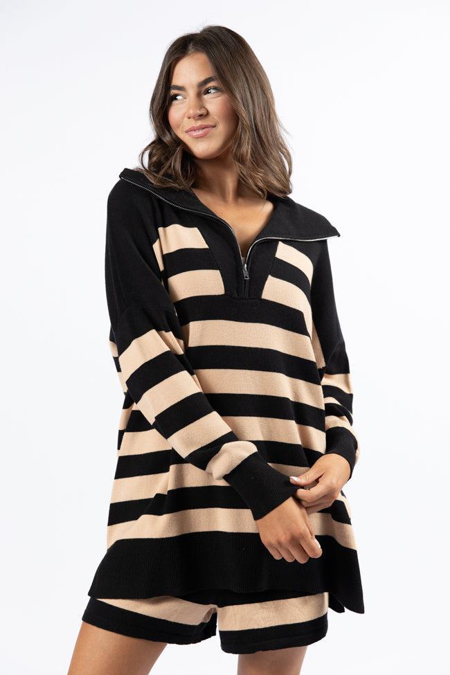 Pulling Heartstrings Black And Tan Striped Quarter Zip Pullover FINAL SALE Product Image