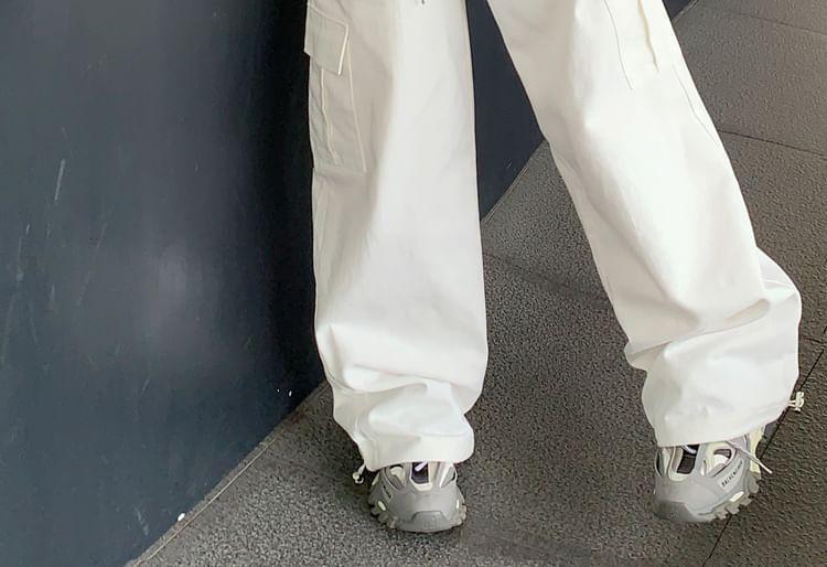 Drawstring Waist Plain Wide Leg Cargo Pants Product Image