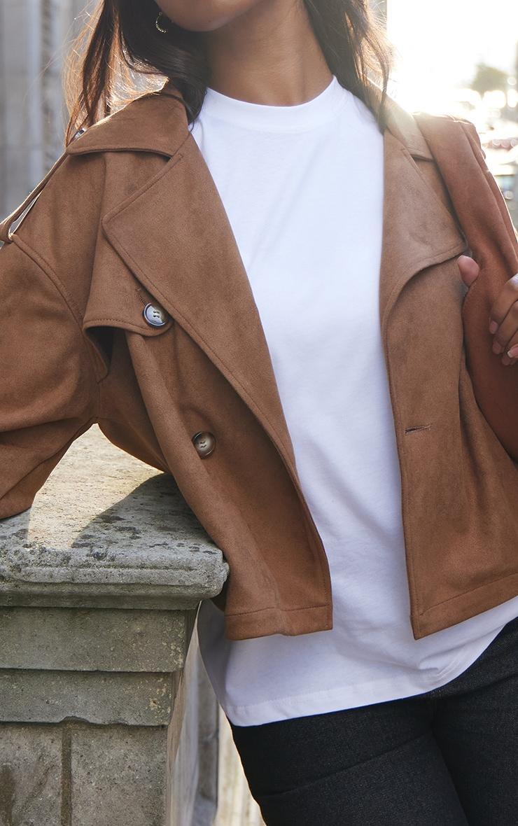 Brown Faux Suede Double Breasted Cropped Trench Coat Product Image