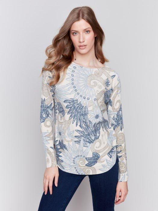 Printed Round Hem Sweater With Front Pockets And Back Lace Product Image