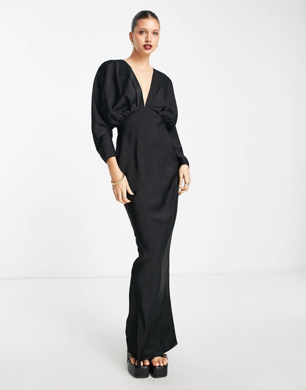 ASOS DESIGN satin pleated plunge maxi dress with open back in black Product Image