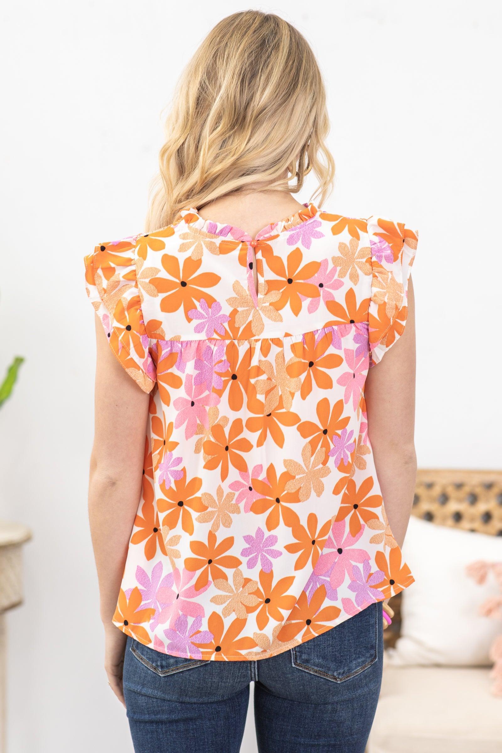 Orange Ruffled Sleeve Smocked Floral Woven Top Product Image