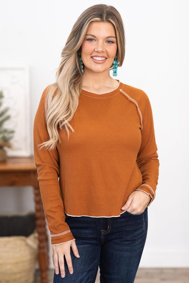 Cinnamon Waffle Knit Top With Ruffle Cuff Product Image