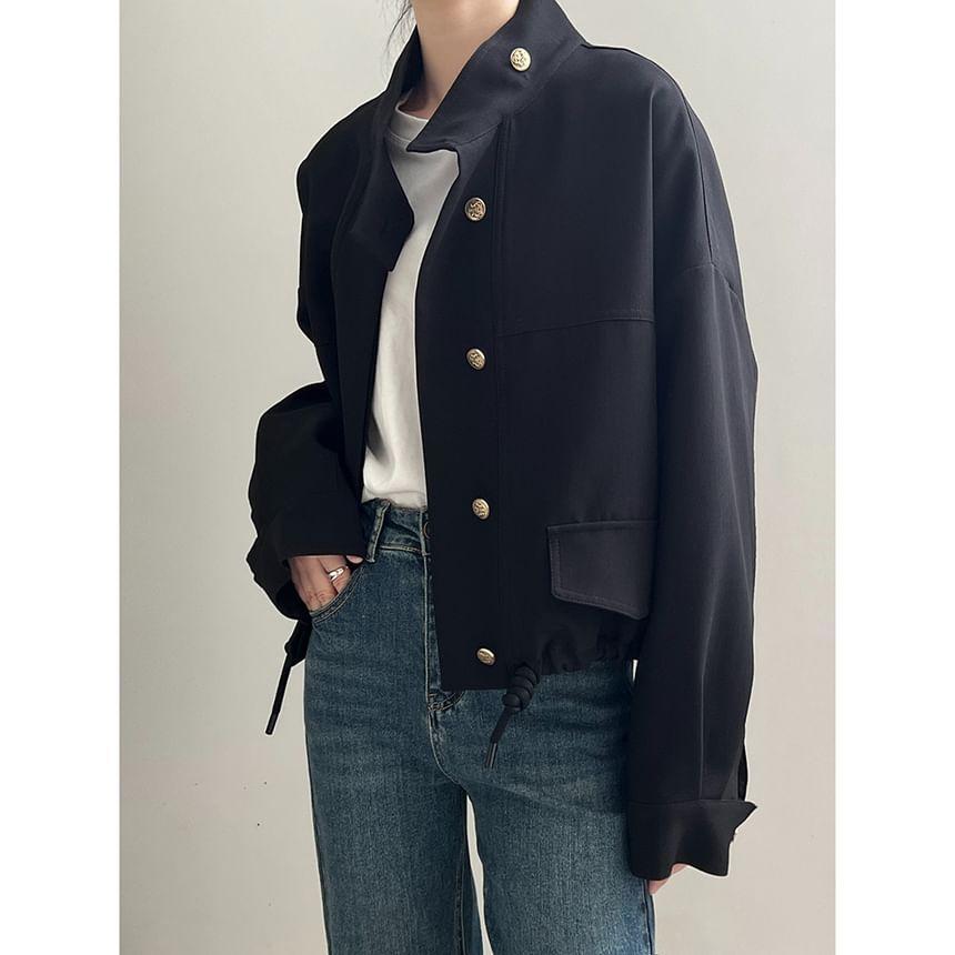 Stand Collar Plain Drawstring Hem Button Jacket Product Image