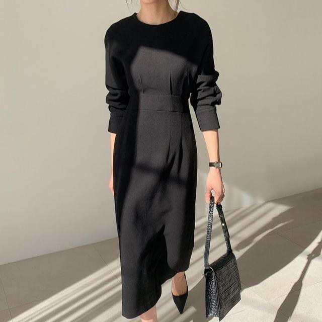 Long-Sleeve Round Neck Plain Slit Midi Sheath Dress Product Image