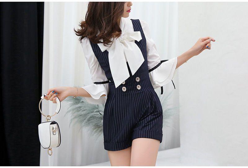 Tie-Neck Blouse/ Pinstripe Sleeveless Playsuit Product Image