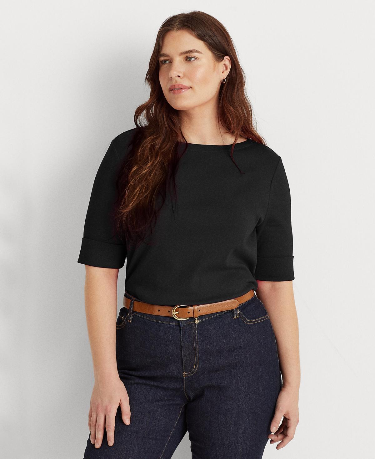 Lauren Ralph Lauren Plus Size Stretch Cotton Boat Neck Short Folded Elbow Sleeve Top Product Image