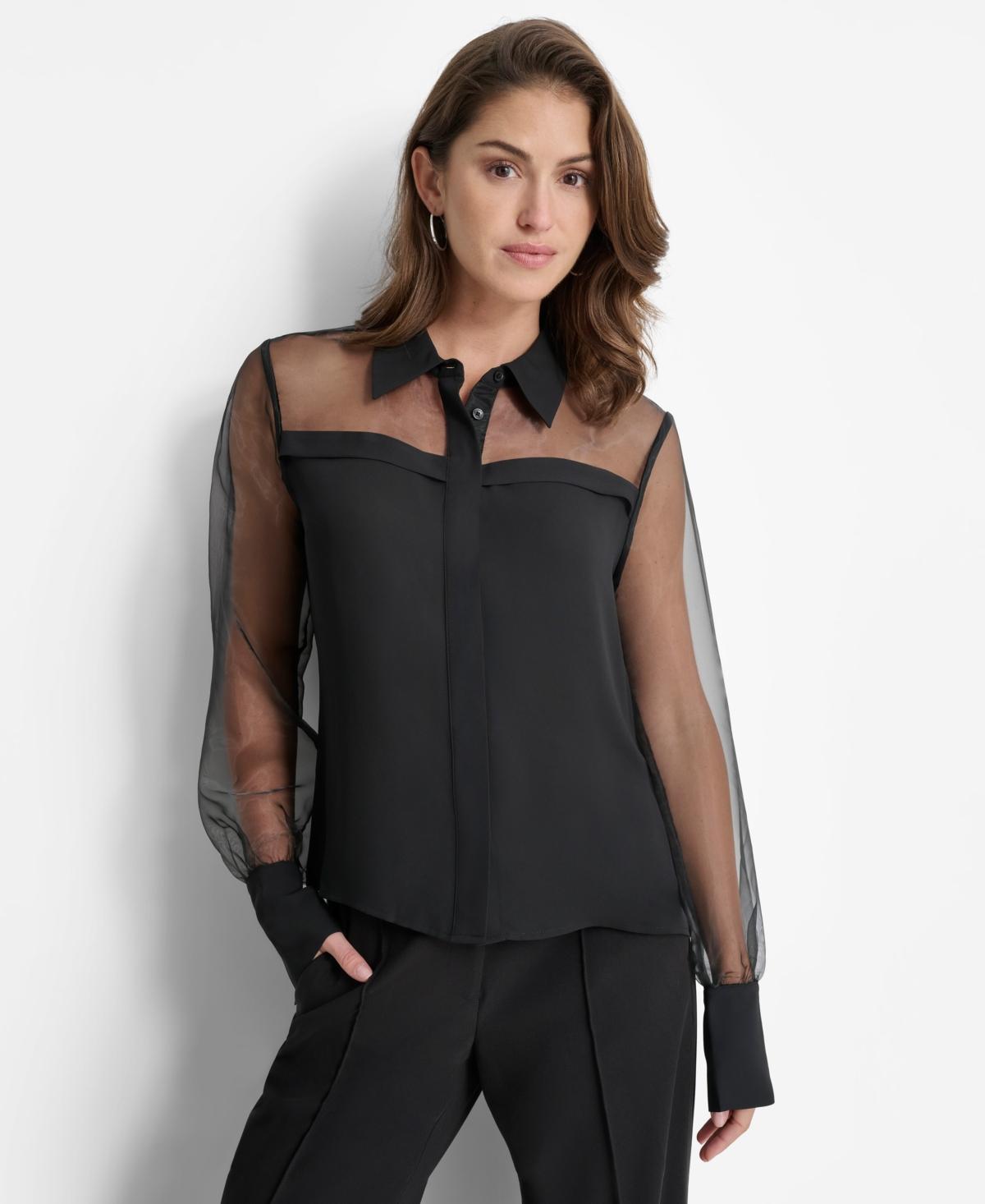 Dkny Womens Mixed-Media Organza Long-Sleeve Blouse Product Image