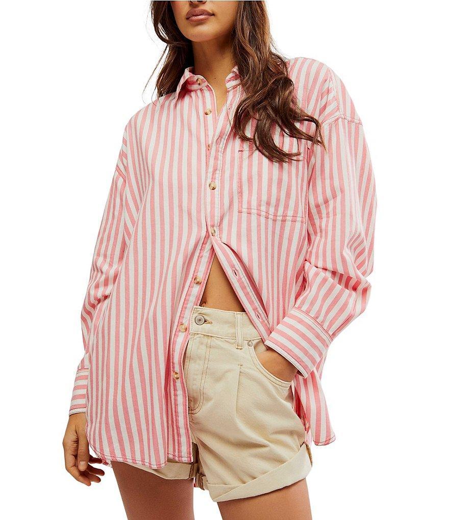 Free People Freddie Stripe Point Collar Button Front Long Sleeve Top Product Image