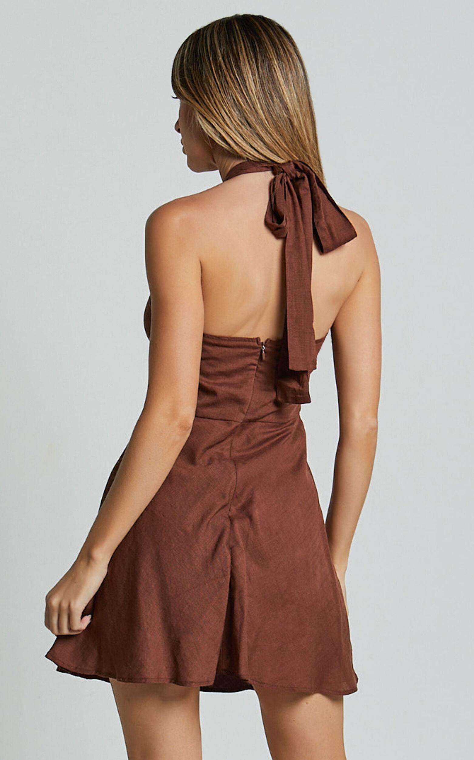 Louie Mini Dress - Linen Look Halter Neck Dress in Chocolate Product Image