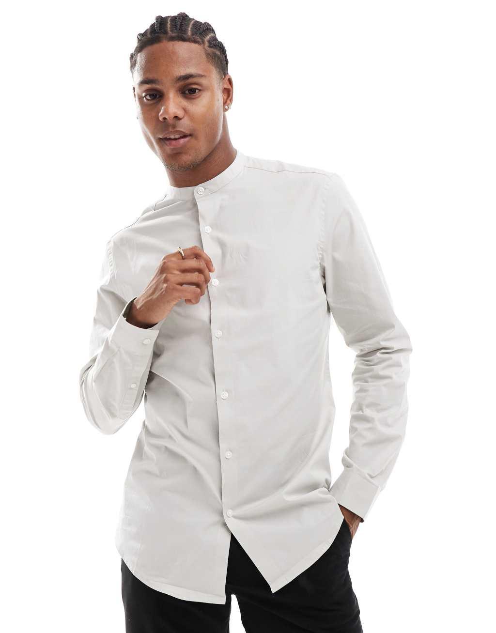 ASOS DESIGN slim fit band collar shirt in light gray Product Image