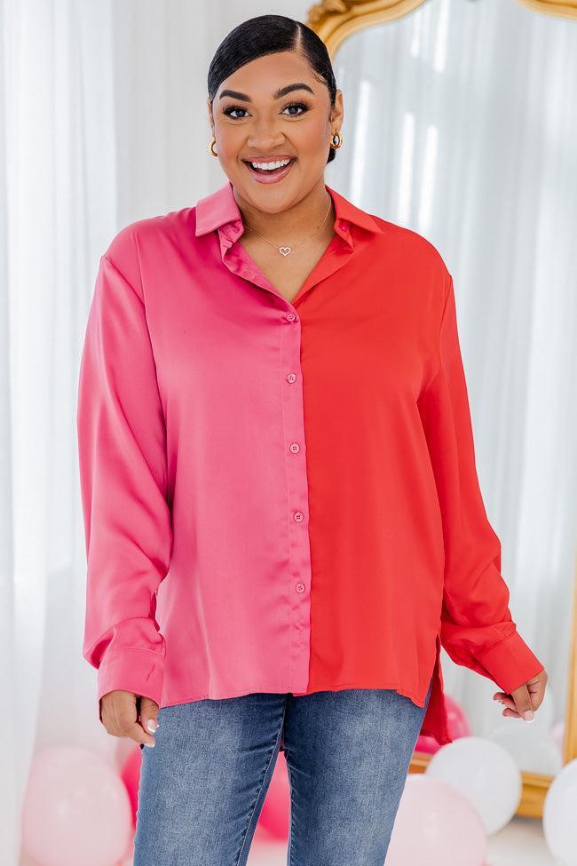 Eclipse Of The Heart Pink And Red Splice Satin Button Up Shirt FINAL SALE Product Image