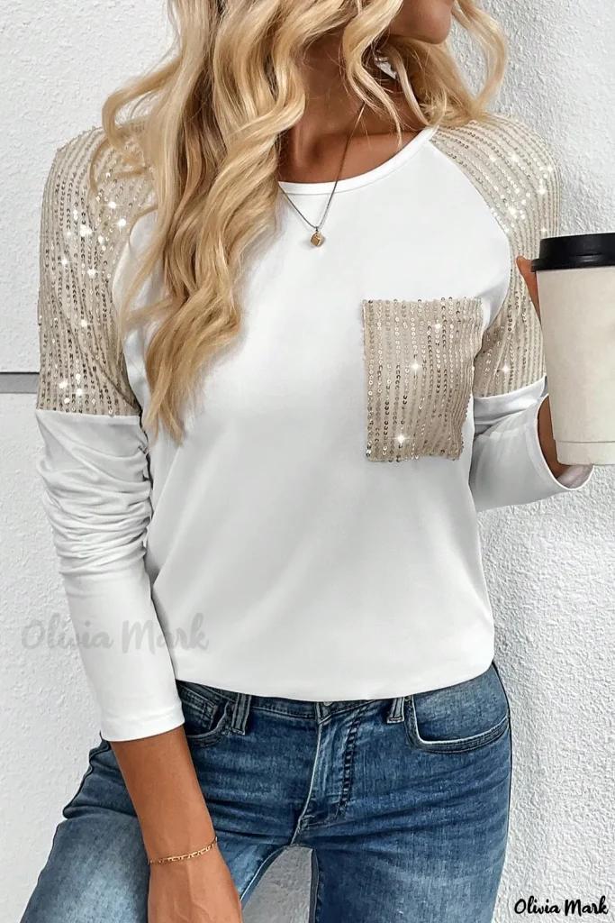 Olivia Mark – Chic White Sequin Patched Chest Pocket Raglan Sleeve Top Product Image