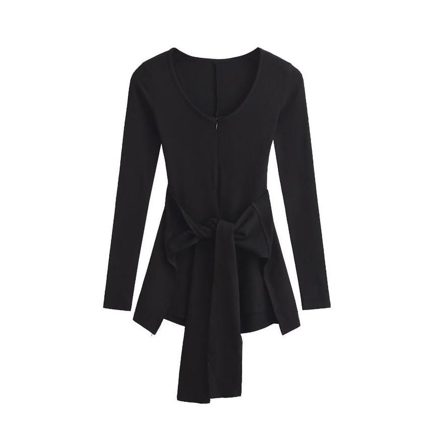 Set: Long-Sleeve V-Neck Plain Ribbed Half-Zip Romper + Mini Wrap Skirt Product Image