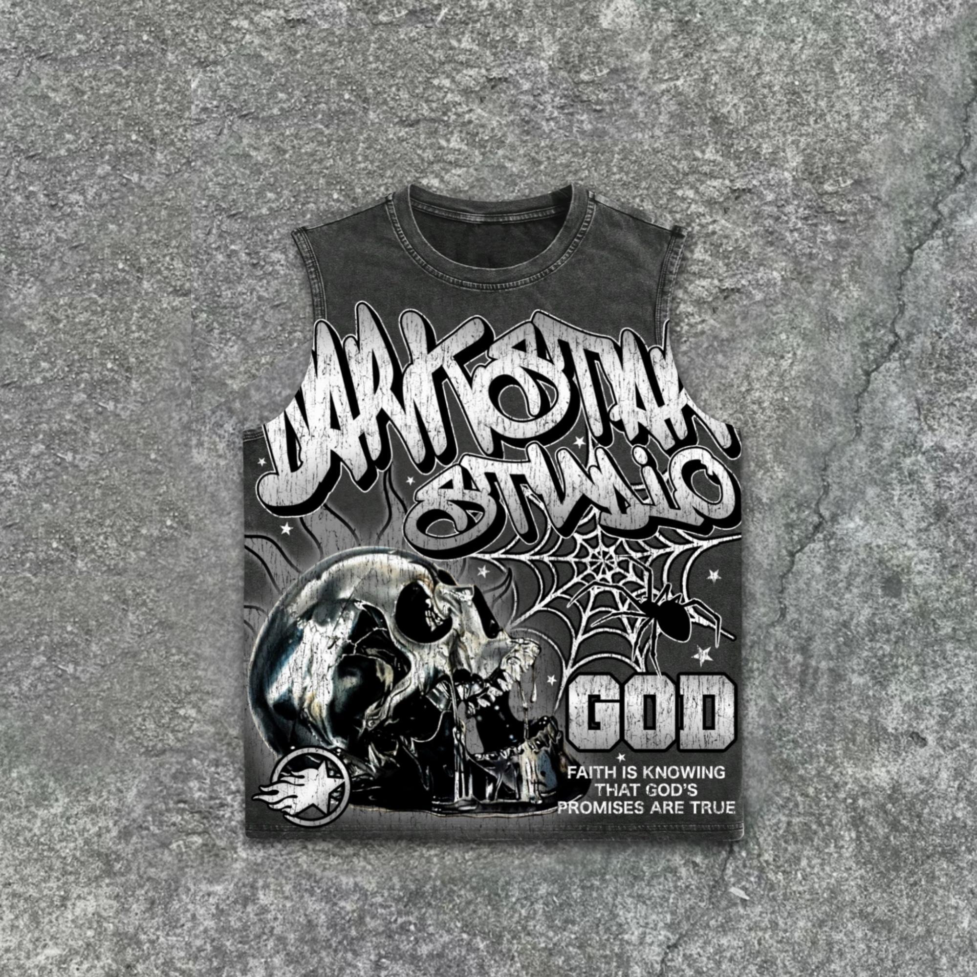 Sopula Darkstar-God's Skull Print Graphic Acid Washed Sleeveless Tank Top Product Image