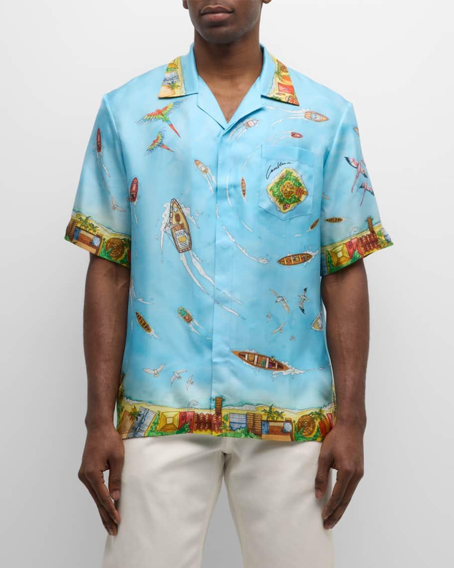 Casablanca Cuban Collar Short Sleeve Shirt Blue. (also in XL). Product Image