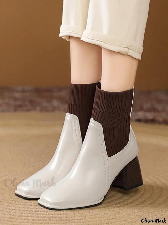 Olivia Mark – Stylish Color-blocked Knitted Panels in Square Toe Design with Block Heels – Slip On Chelsea Boots Product Image