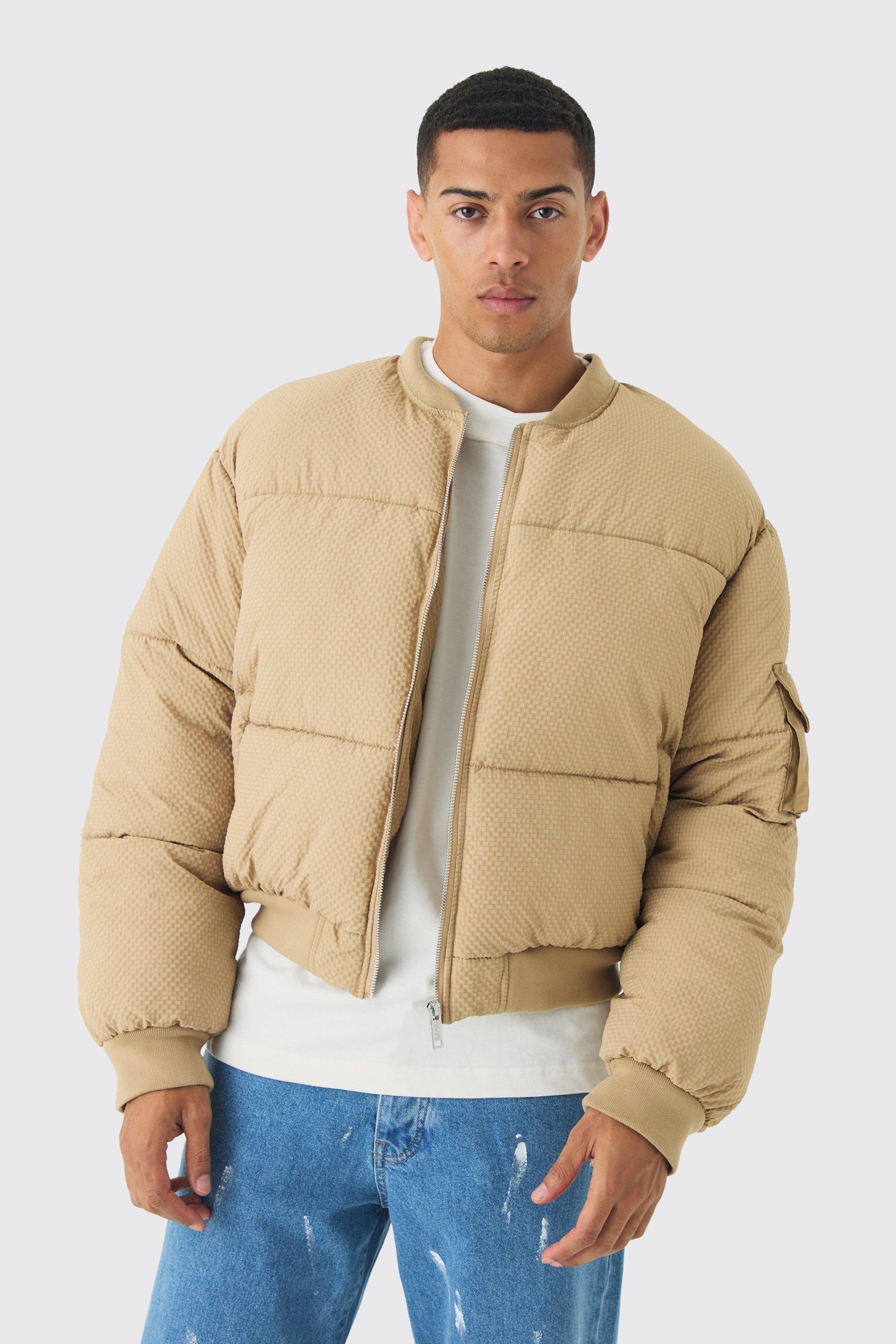 Extreme Padded Texture Bomber Jacket In Sand | boohooMAN USA Product Image