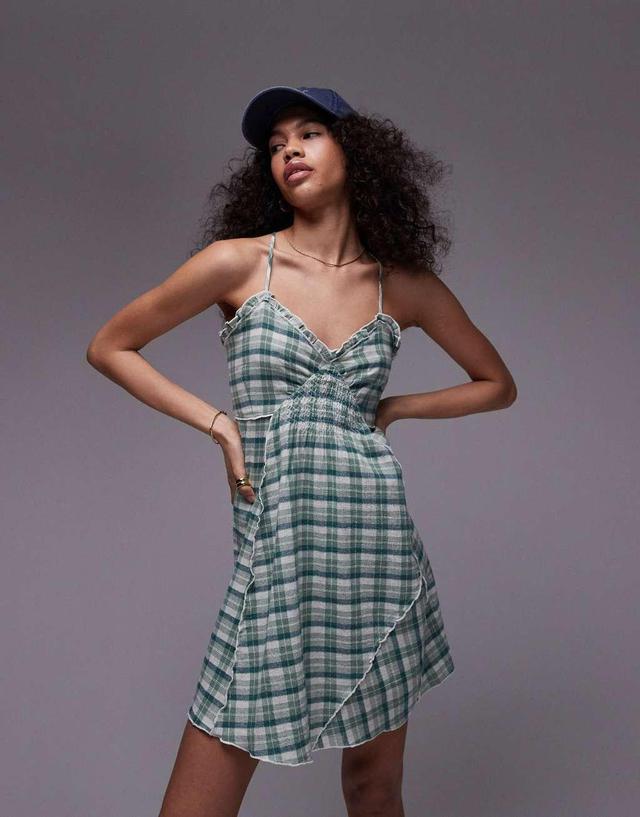 Topshop strappy ruched waist mini flippy dress in mint plaid Product Image