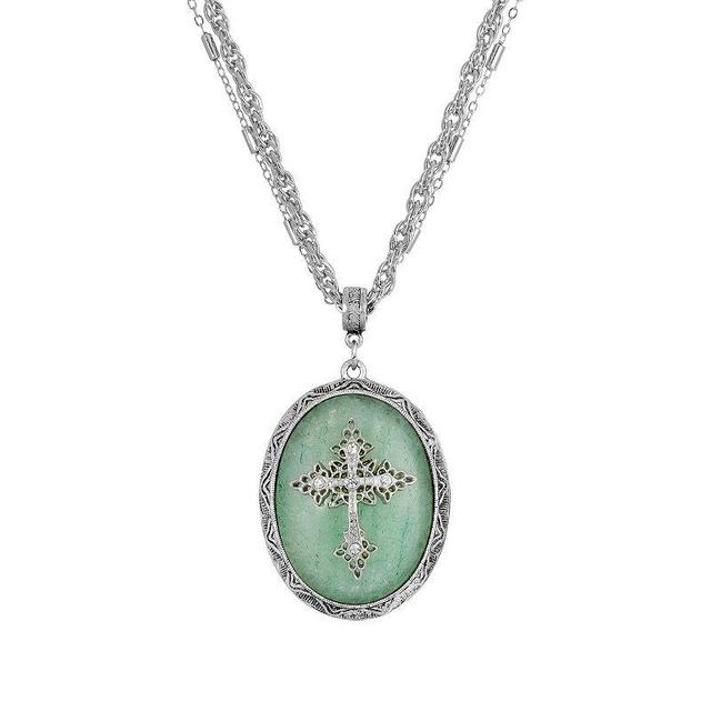 Symbols Of Faith Silver Tone Crystal Cross Cameo Double-Strand Pendant Necklace, Womens, Green Product Image