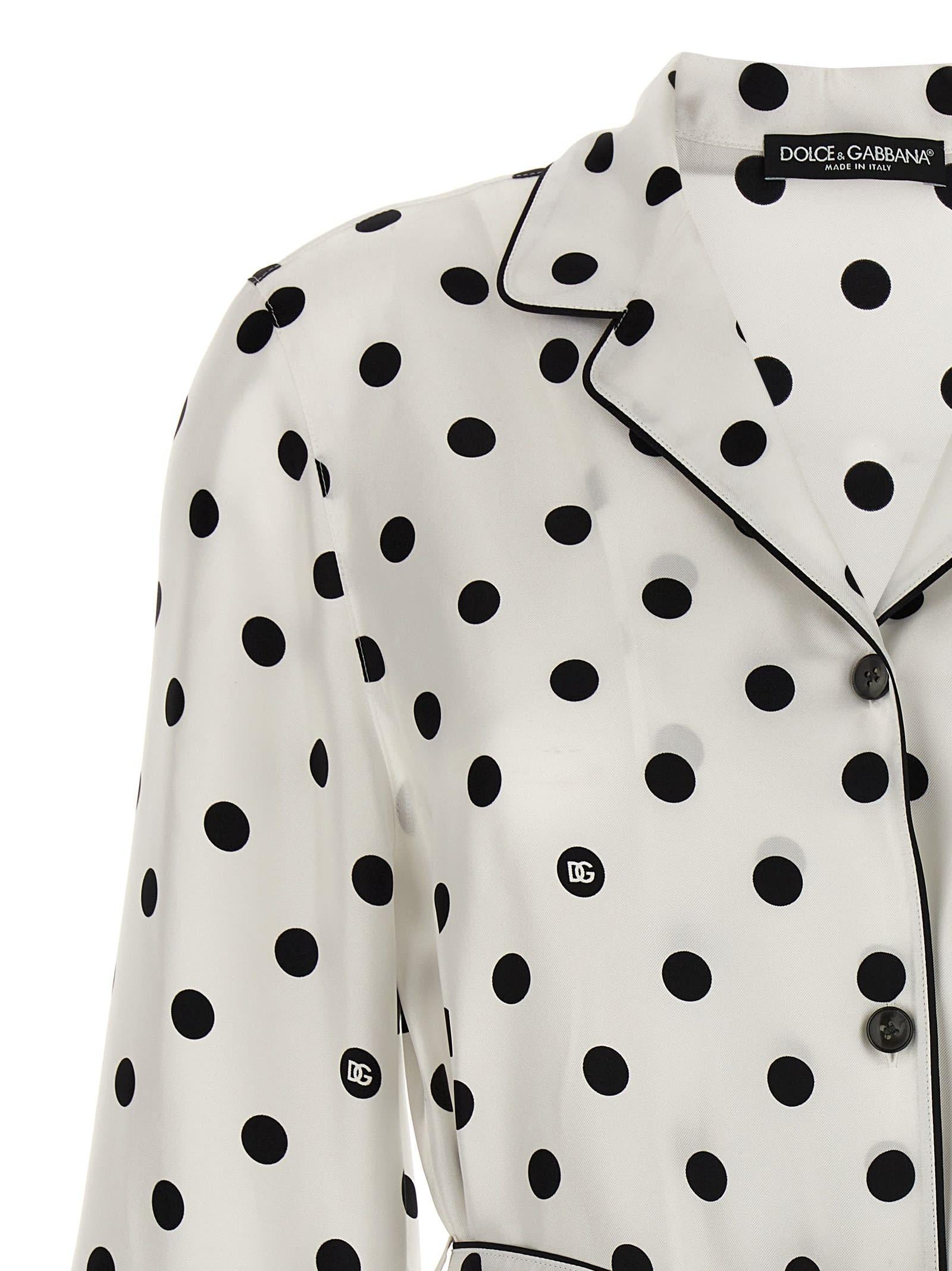 DOLCE & GABBANA Polka-dot Long-sleeved Pajama Shirt In White Product Image