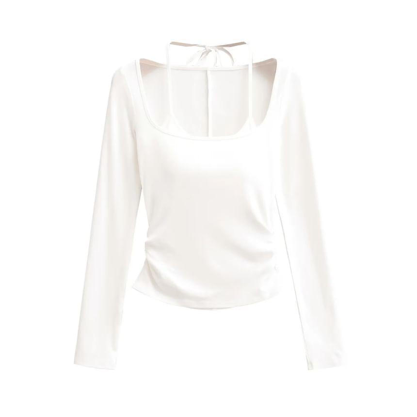 Mock Two-Piece Long-Sleeve Halter-Neck Plain Padded Shirred Tee Product Image