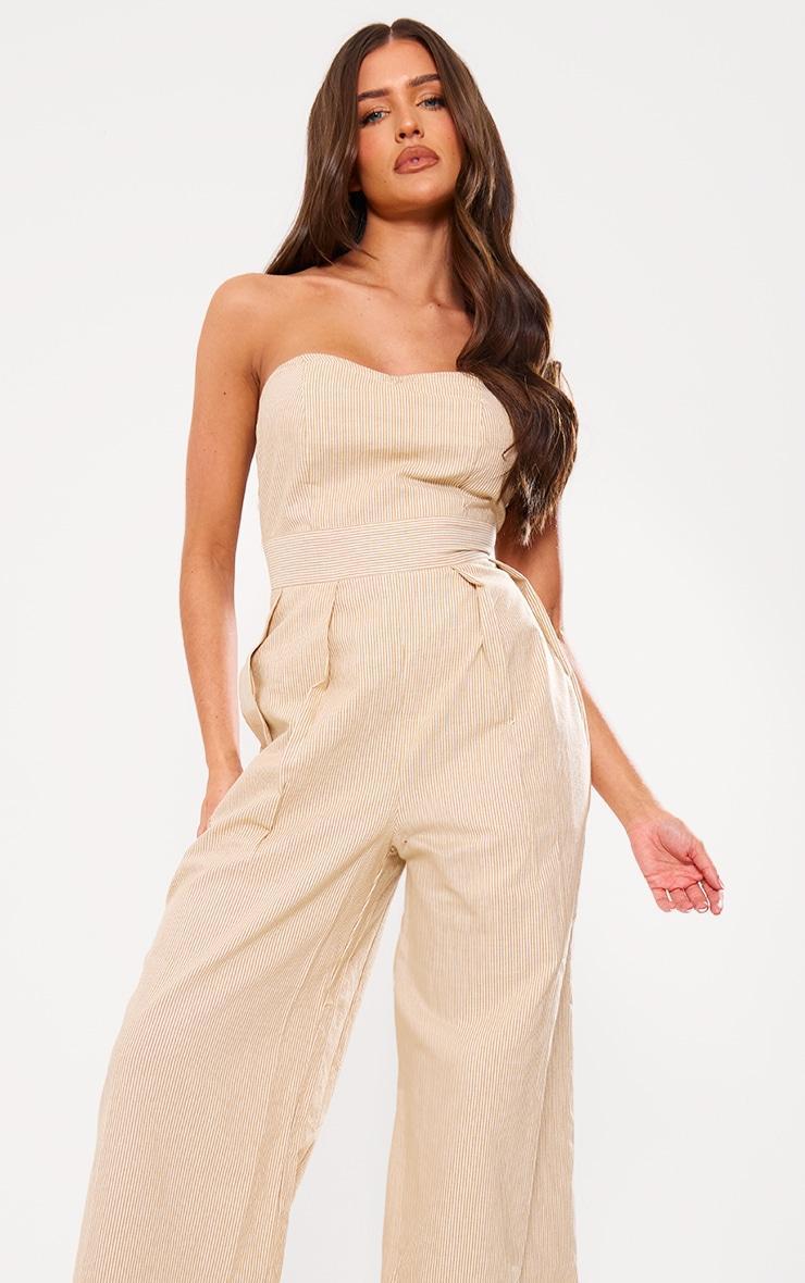 Stone Stripe Bandeau Cotton Pleated Detail Wide Leg Jumpsuit Product Image