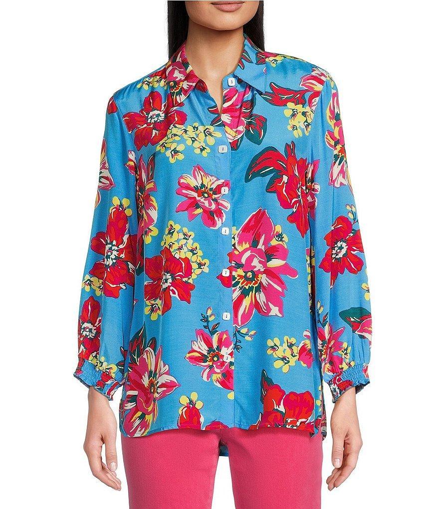 John Mark Floral Print Point Collar 3/4 Sleeve Button Front Top Product Image