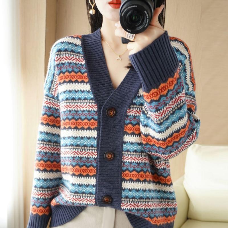 V-Neck Pattern Button-Up Cardigan Product Image