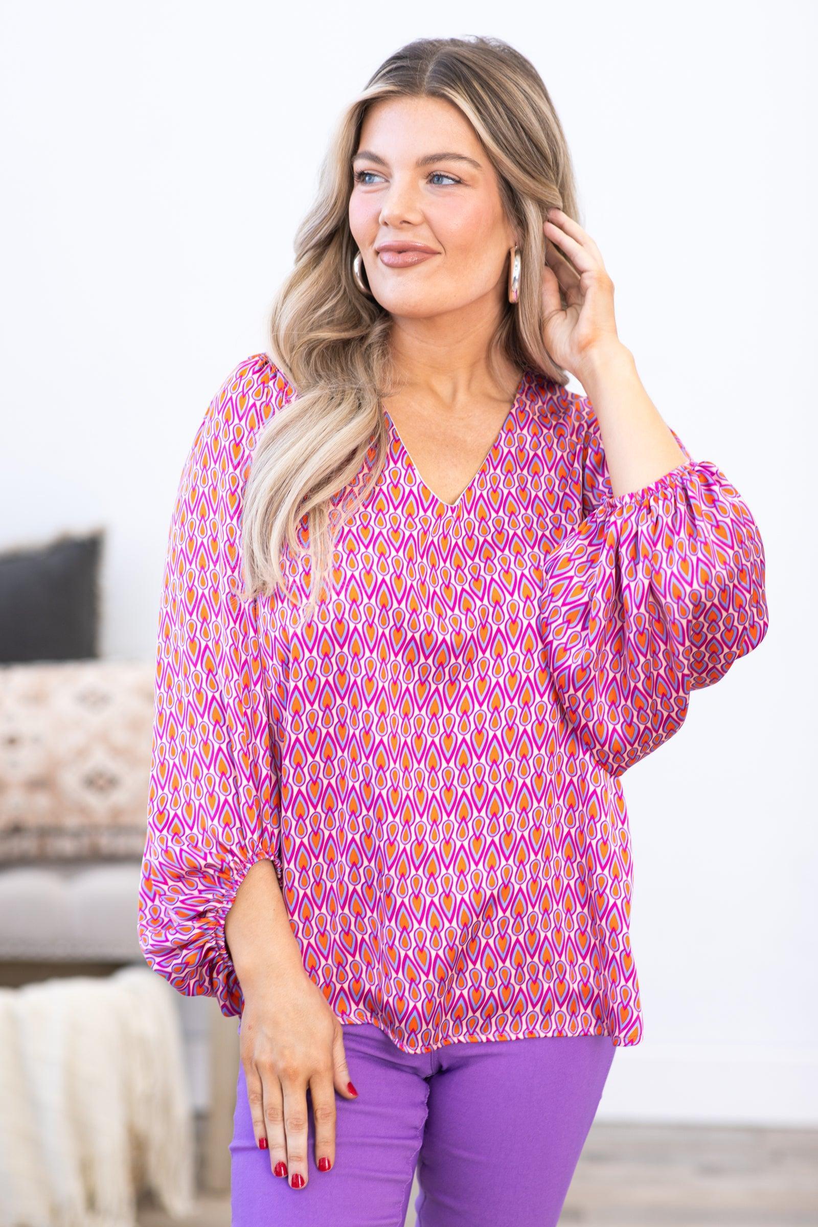 Pink Geometric Print V-Neck Long Sleeve Top Product Image