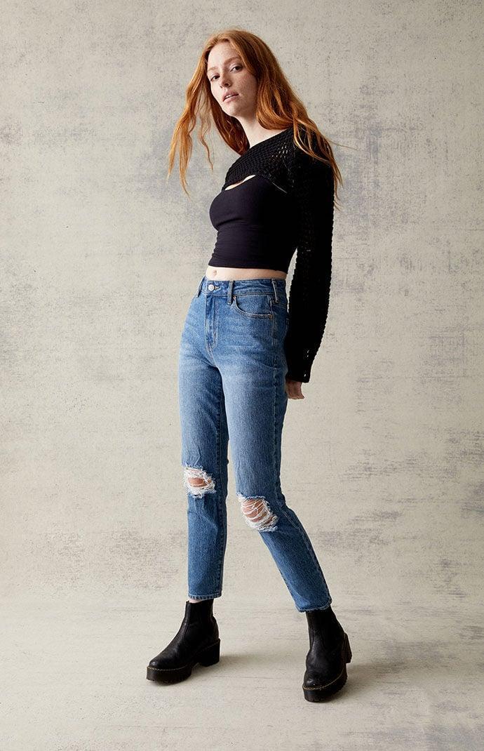 Womens Eco Dark Blue Stretch Ripped Mom Jeans product image