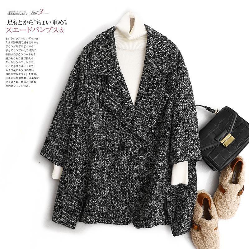 3/4-Sleeve Notch Lapel Melange Double-Breasted Coat Product Image