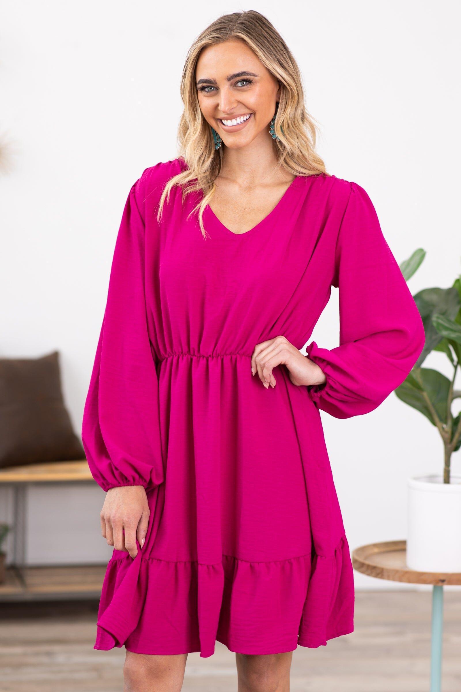 Fuchsia Long Sleeve Elastic Waist Dress Product Image