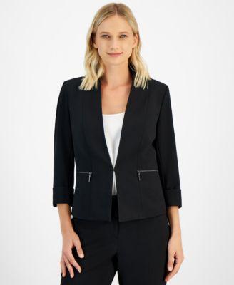 Petite Stretch-Crepe Zipper-Pocket Open-Front Cuffed Blazer Product Image